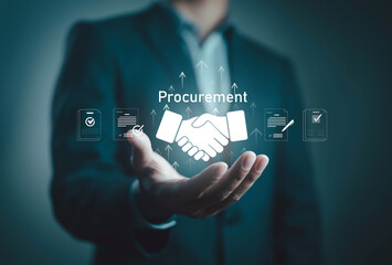 Business holding digital procurement icon with handshake contract documents, representing supply chain management, business agreement, purchasing strategy, vendor partnership, corporate negotiation.