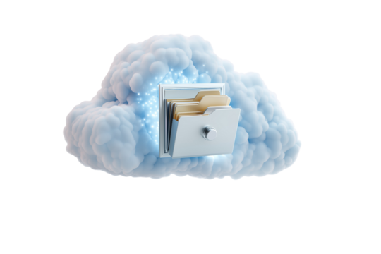 Cloud storage concept with file cabinet folder data backup and security on transparent background