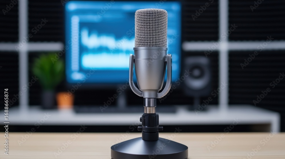 Poster professional microphone on desk in studio with computer background