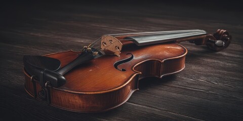 Obraz premium The elegant violin resting gracefully on a rustic wooden surface.