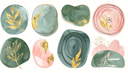 A collection of eight abstract watercolor designs, blending teal, pink, and gold elements. Features include organic shapes, metallic accents, and botanical motifs