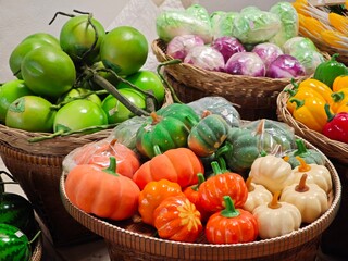 Colorful fake fruits and vegetables.