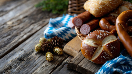 Traditional Bavarian Snack with Pretzels, Wursts, and Pinecones on Wooden Table