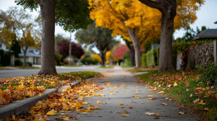 Autumn Leaves Lining a Quiet Suburban Street with Vibrant Seasonal Colors