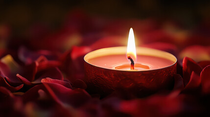 A candle glows warmly amidst a bed of vibrant red rose petals softly lit