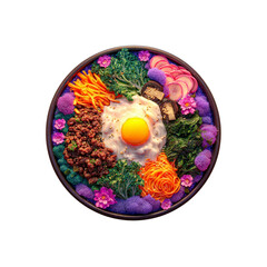 Vibrant Korean Bibimbap Bowl with Colorful Garnish and Egg Yolk