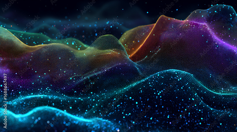 Poster vibrant abstract digital landscape with glowing particle waves and undulating peaks