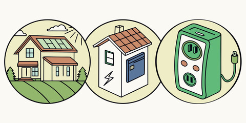 Modern home with solar panels, energy meter, and power strip symbolizes sustainable living and smart technology.