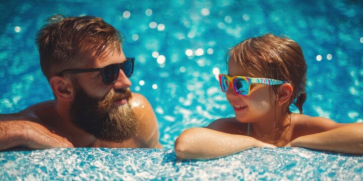 The joyful moment of a father and daughter enjoying a pool day together