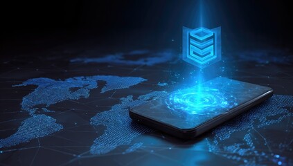A smartphone with a glowing shield graphic.  World map overlay