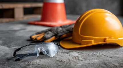 Safety equipment including a yellow helmet, protective gloves, and goggles on a concrete surface with a warning cone.