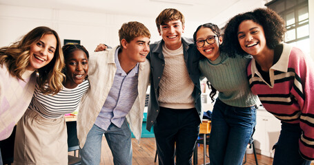 Group, education and people in classroom with smile, diversity for social media at school. Happy,...
