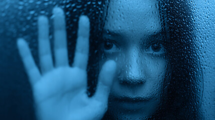 Portrait of a young woman in moody lighting, touching a rain-soaked glass pane, evoking deep emotions of melancholy, solitude, and introspection in a serene, atmospheric scene.