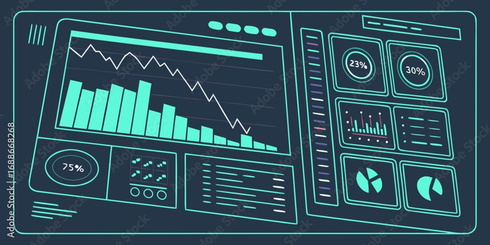 Aufkleber dynamic financial dashboard displays declining market trends and performance metrics with vibrant da