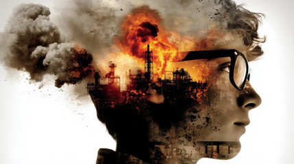 An artistic double exposure of a boy's profile overlaid with a fiery industrial scene, exploring environmental concerns 