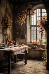 Rustic kitchen with a large window