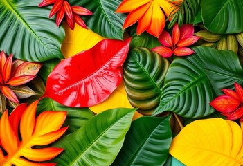 Obraz premium Vibrant tropical leaves arranged in a creative flat lay pattern, summer vibes, monstera