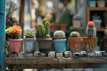 Ultra Hd Image of Wooden Plant Shelf with Cute Small Cacti