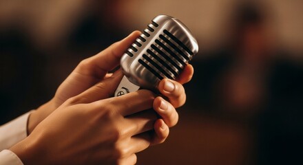 Elegant hands cradle a classic vintage microphone, poised for an captivating performance or powerful vocal delivery, embodying a timeless era of music and public speaking
