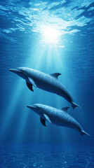Obraz premium pair of dolphins swim underwater in sea