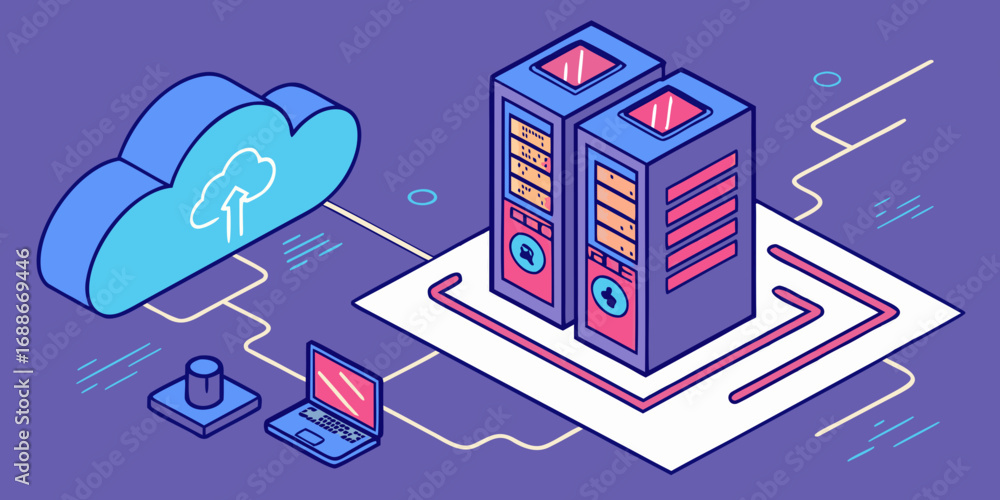 Aufkleber modern cloud computing servers and laptop connect seamlessly for digital data transfer and storage.