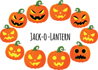 Colorful Jack-o'-Lantern Faces Set – Halloween Pumpkins in Circle with Expressions and Typography