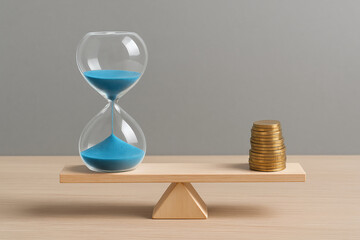 Time and Money Balance Concept with Hourglass and Coins