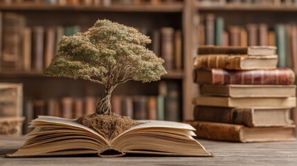 Book Of The Month: A Beautiful Journey Through Knowledge with Stacked Books and a Tree of Wisdom in an Enchanting Library Setting
