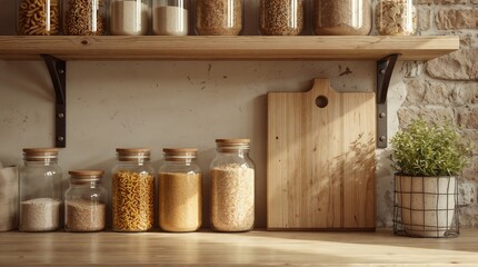 Close up of kitchen shelf with glass jars filled with various ingredients and a wooden cutting board