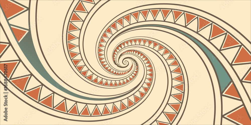 Poster captivating tribal spiral pattern with geometric triangles and earthy tones creates dynamic visual i