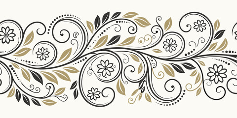 Elegant floral flourish border design with delicate flowers and swirling leaves for decorative accents