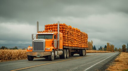 A bright orange truck is hauling a large load of pumpkins down a rural road surrounded by fields. Autumn foliage and gray skies create a seasonal atmosphere.