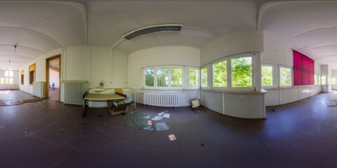 Panoramic view of an abandoned clinic interior with ornate ceiling details, broken furniture, and scattered debris. Empty and decayed hospital room with peeling walls, shattered glass, and old medical