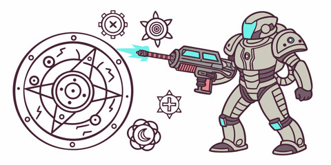 Futuristic warrior unleashes energy blast from sci-fi weapon at mystic circle symbols