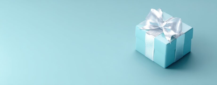 The gift box with white satin bow on pastel turquoise background for celebrations