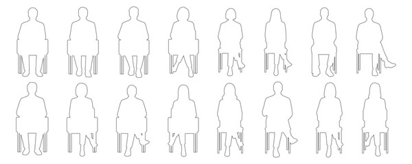 Architectural Drawings sitting media people outline vector illustration, front view, human person Minimal style hand drawn. Sections, Elevations, Floor Plans