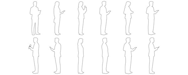 Architectural Drawings standing media people outline vector illustration, side view, human person Minimal style hand drawn. Sections, Elevations, Floor Plans