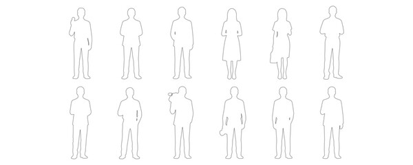 Architectural Drawings standing media people outline vector illustration, front view, human person Minimal style hand drawn. Sections, Elevations, Floor Plans