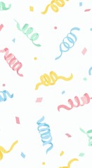 Playful celebration background with hand-painted watercolor confetti and swirling pastel ribbons in a seamless repeating design