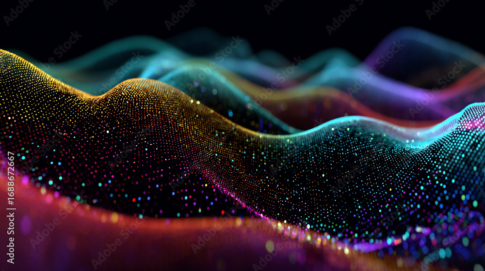 Poster abstract digital data wave of colorful glowing particles on dark background representing futuristic 