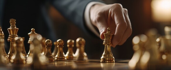 The elegant hand moves a golden chess piece in strategic gameplay.