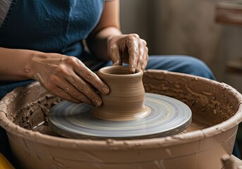 woman potter hands makes on the pottery wheel