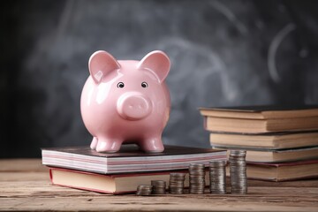 Federal Funding: Baby Piggy Bank Surrounded by Books and Coins on a Rustic Wooden Surface Symbolizing Educational Financial Support