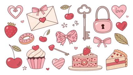 Coquette aesthetic pink doodle sticker collection for design. Isolated transparent background.