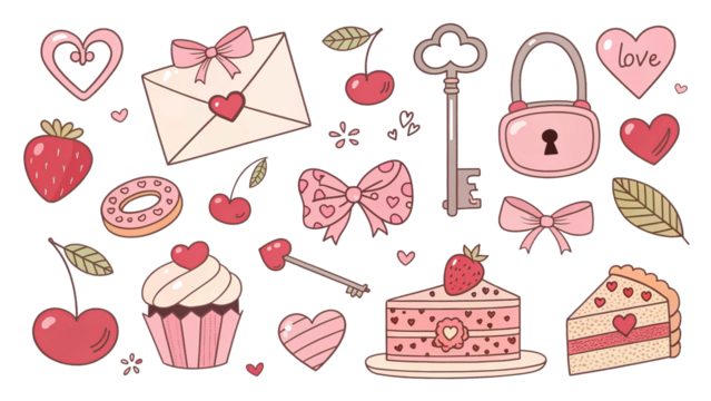 Coquette aesthetic pink doodle sticker collection for design. Isolated transparent background. - Powered by Adobe