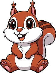 Happy Cartoon Squirrel Sitting Smiling with Big Eyes and Fluffy Tail – Cute Forest Animal Vector Illustration for Kids