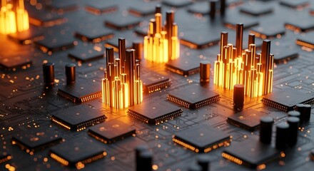 Glowing Orange Towers on a Dark Circuit Board Background