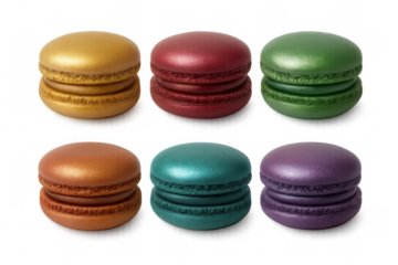 Six colorful macarons with filling on transparent background