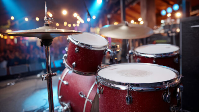 Red drum set on stage at live music concert - Powered by Adobe
