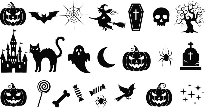 Halloween icons set, spooky vector symbols, pumpkins, bats, witches, ghosts, skulls, cats, haunted houses, candy, spiders, gravestones, Halloween decorations